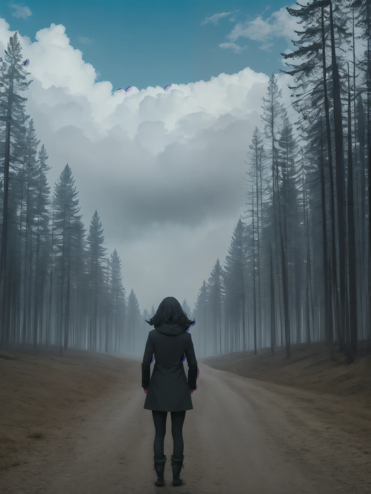 a beautiful girl, full body, 
horror, broken, distorted, sky, fog, smoke, dark forest, 
Junji Ito, 
masterpiece, ultra high res, high quality,