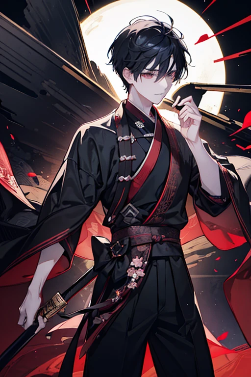 male、Beautiful boy、Beautiful Youth、Supple、Slender、Black yukata、Burned into my mind、Bright red、Monochrome and Red、Dark Shadows、darkness、Black Cloud、sunset、storm、Lightning-fast Swordsmanship、Stillness and movement、Japanese sword、Faded blade、Sword Dance、ranbu、fatal