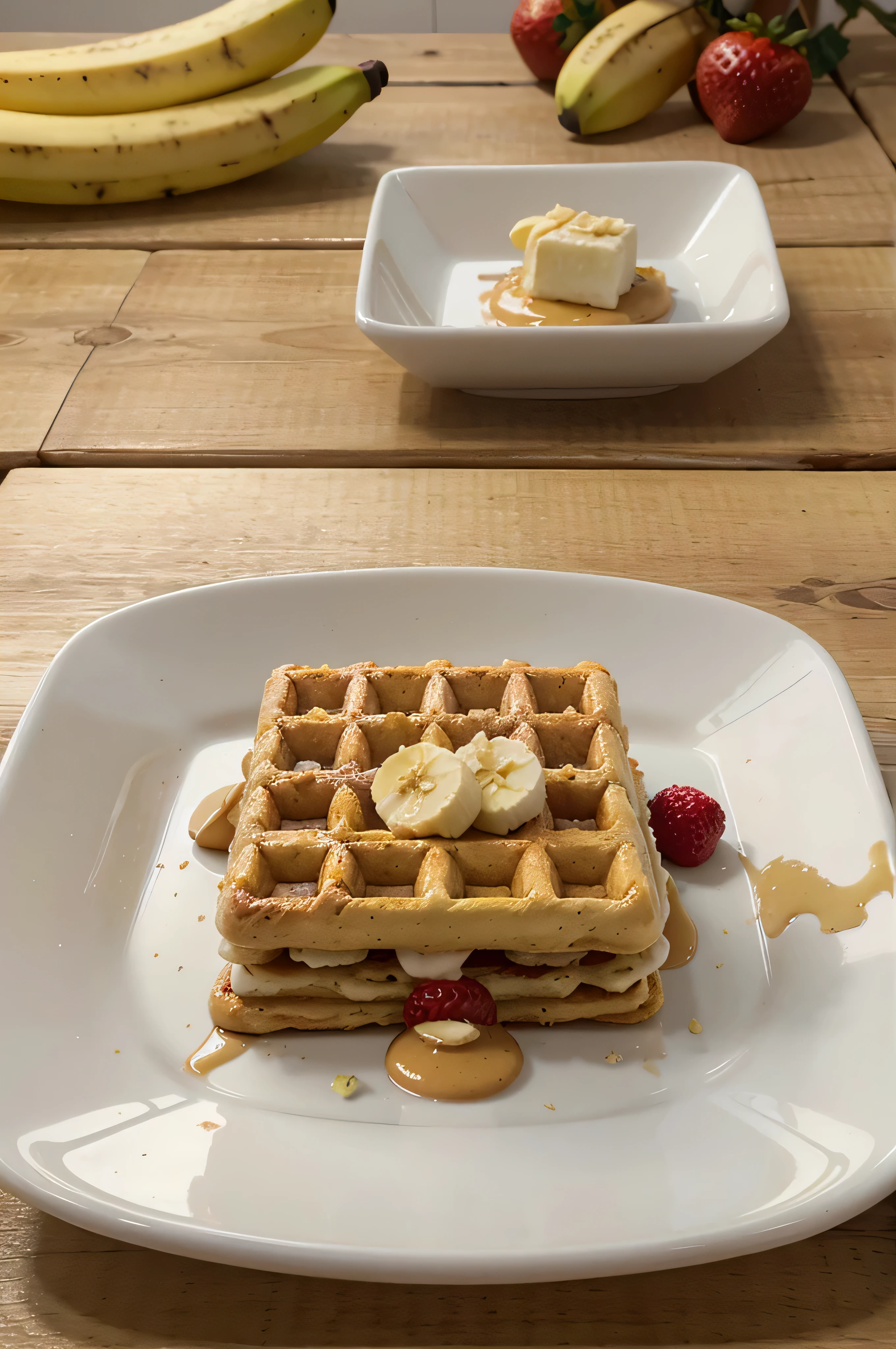 chopped photo shot of white porcelain plate with square waffles, crujientes rellenos de dulce de leche de contextura densa cubiertos con topping de trozos de fresas y bananas, apetitoso, otros trozos de fresa y banana alrededor del plato. hiperrealismo
