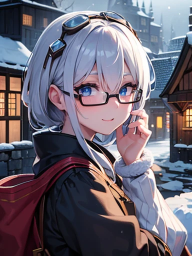 ((Very detailed)), 4K, ((Cinema Lighting)), close, Fantasy World, Cobblestone city, wooden stone house, snow, market, marketの屋台, Adult female, dirty, guard,White-silver hair color,Wear goggles with large round lenses on your head, blue eyes, ((Beautiful Eyes)), Happy expression, Hold a cannon,white fluffy fur,Wearing glasses