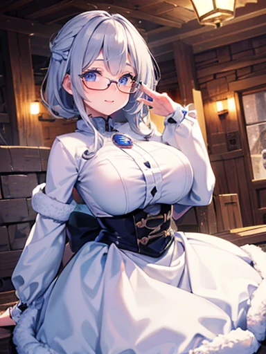 ((Very detailed)), 4K, ((Cinema Lighting)), close, Fantasy World, Cobblestone city, wooden stone house, snow, market, marketの屋台, Adult female, dirty, guard,White-silver hair color，Wear goggles with large round lenses on your head, blue eyes, ((Beautiful Eyes)), Happy expression, Hold a cannon，white fluffy fur，Wearing glasses