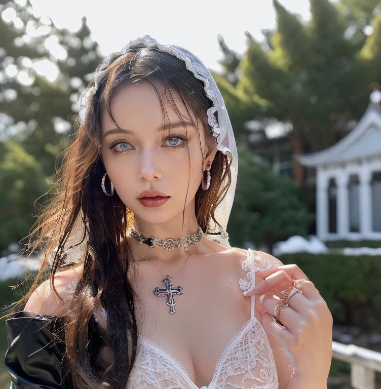1 miniature Beautiful beautiful woman - Yuan Sayuki, ((top quality, 8K, Masterpiece:1.retty woman, 1 woman, huge breasts:1.3, a slim body:1.1, lush white short hair, (shower, wet body, wet clothes:1.1), very detailed face, detailed lips, detailed eyes, double eyelids, Detailed blue eyes, чрезвычайно Detailed Outstanding Blue Eyes, short white wet hair, white wet hair, Detailed Outstanding Blue Eyes, innocent look at the viewer, very wet wavy white hair, Detailed Outstanding Blue Eyes, huge cross earrings, Outdoors, badges behind, gothic maid uniform, sexy maid dress, bare chest, huge chest tattoo, detailed huge catholic cross earrings, chest tattoo, Outside - there are trees and a buddhist temple in the background (mountain vicinity), wear a silver cross (Detailed cross shape), reality mode, wet breasts, black necklace, human crowd behind, head/forehead chain veil, black latex gloves, hair of white snowy colour, night time, red neon lights, demonic nun, nimbus (golden lighting ring above her head), angel, snowy weather, Detailed buddhist temple behind, sexy pose, white lingerie, black maid dress