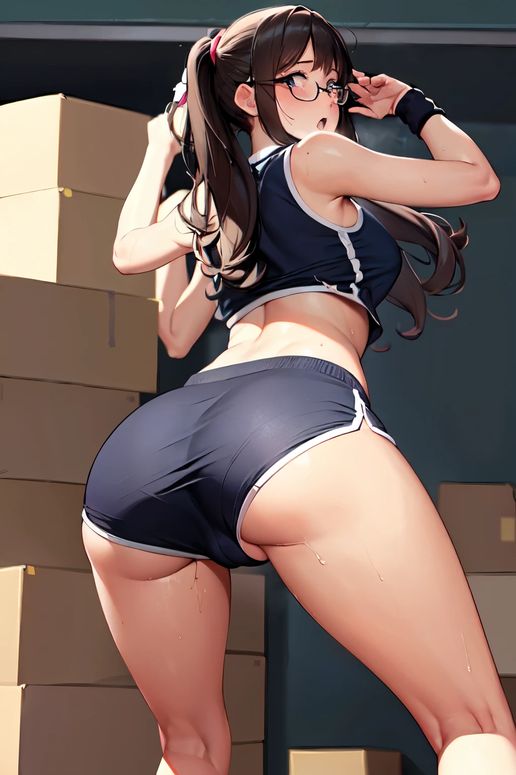 nsfw,(software:1.5), (Tennis Wear、Skort)、Dark brown wavy long hair、Droopy eyes, Thick thighs, Such an ass, Liar, bed, Open crotch, Dettol, Spread your legs, Show your side, Down the Out、Tears are overflowing、Glasses、(Dynamic pose)、(Moving hard:1.7)、Untidy body、Dynamic Angles、Turning around
