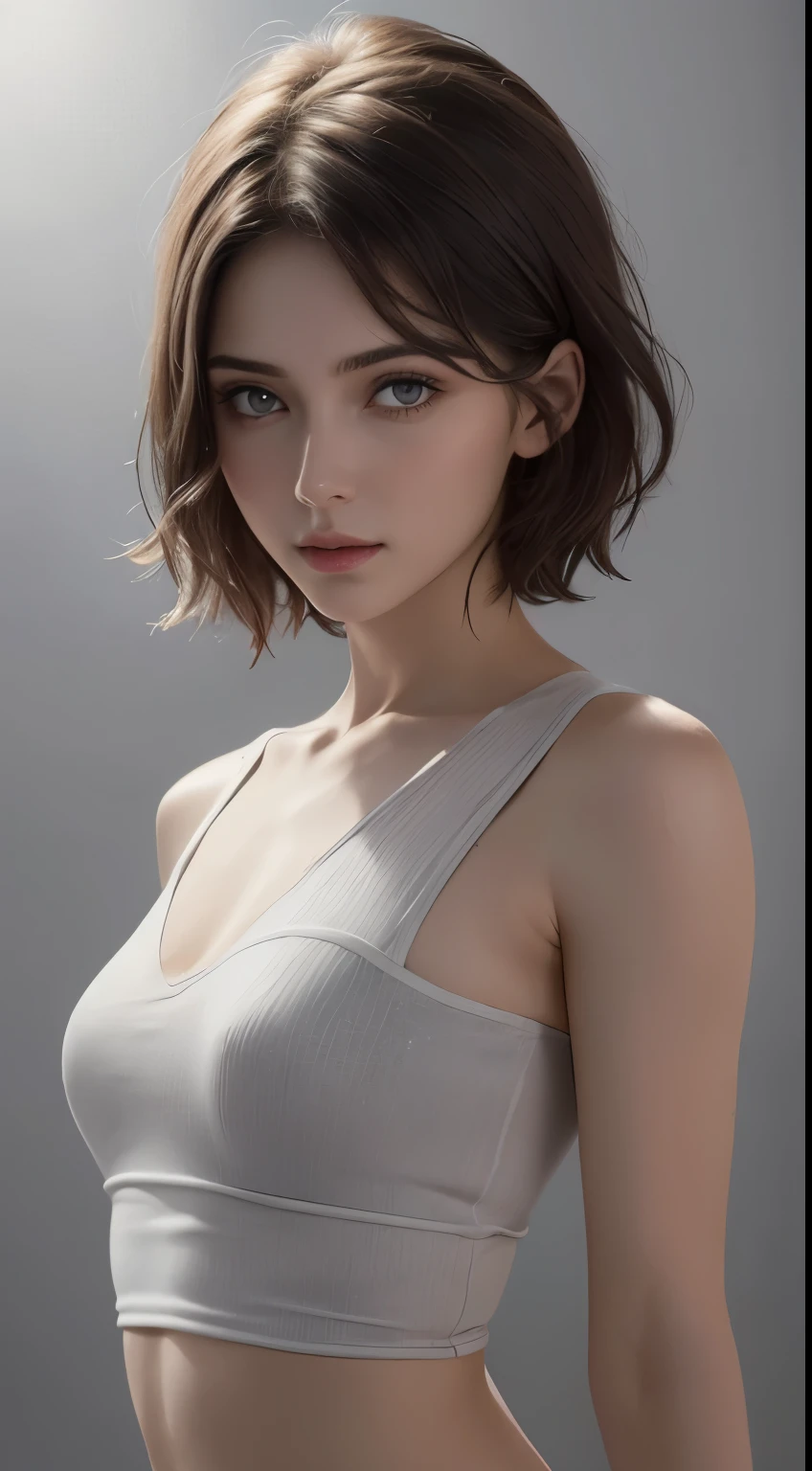 8K uhd、RAWphotograph、モデルphotograph撮影、 European race、(masterpiece、highest quality、Photorealistic、High resolution、photograph:1.3)、Close-up、Focusing、Hot Model、slim、30 year old mature woman、Small face、No makeup、Short Hair、Dark Brown Hair、Fine beautiful eyes、Realスキン、(perfect body)、Sexy hot face、Erotic、Sexual gaze、slim、Sweat top、Detailed beautiful eyes、Glossy lips、Small breasts、Small breasts、Bust B cup、((Bright light、Dynamic lighting、Real、超Real、 realism、Realなディテール、Cool beauty、Cool pose、Background gray、Plain grey background