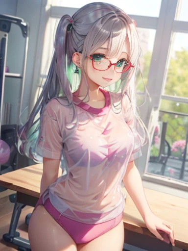 小さなgirl、The arrival of spring、Thick thighs、 (alone:1.5,)Very detailed,Bright colors, Very beautiful detailed anime faces and eyes, Look straight ahead, ;d, Shiny_skin,girl, ((Silver long hair,The inner color is red 、Study Room、Forehead is exposed.、Green Eyes、Glasses、Shiny hair, Delicate beautiful face, blush、(Turquoise Eyes), White skin, Valletta, Earrings,、blue flower field、(((Star pattern pink、See-through、Pink Blouse、See-through、She is wearing a white gym uniform underneath)))、Twin tails、smile、smile、Face dyed red