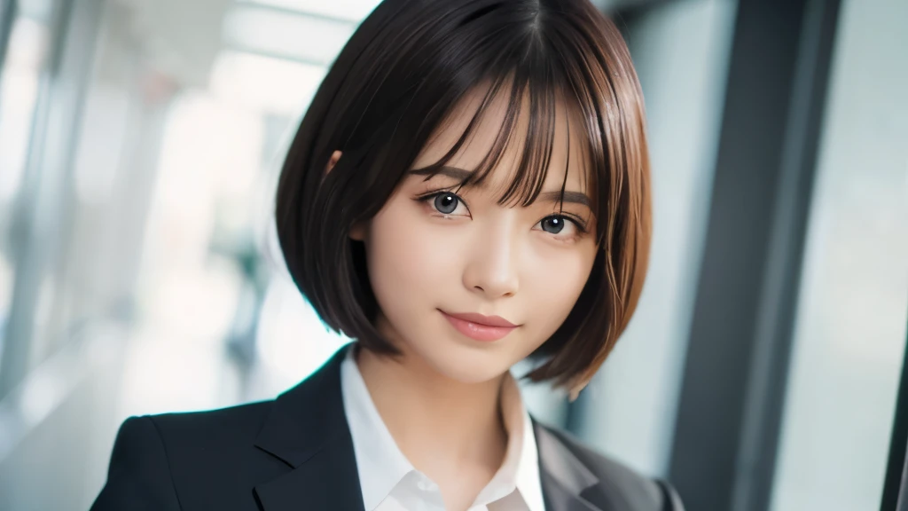 (best quality:1.4), (high-resolution:1.4), (detailed eyes), full body shot, (office), (working), (young woman), black short bob hair, (business suit), bright eyes, blushing face, (smiling), extremely detailed facial features and skin texture, healthy complexion, 8k resolution.