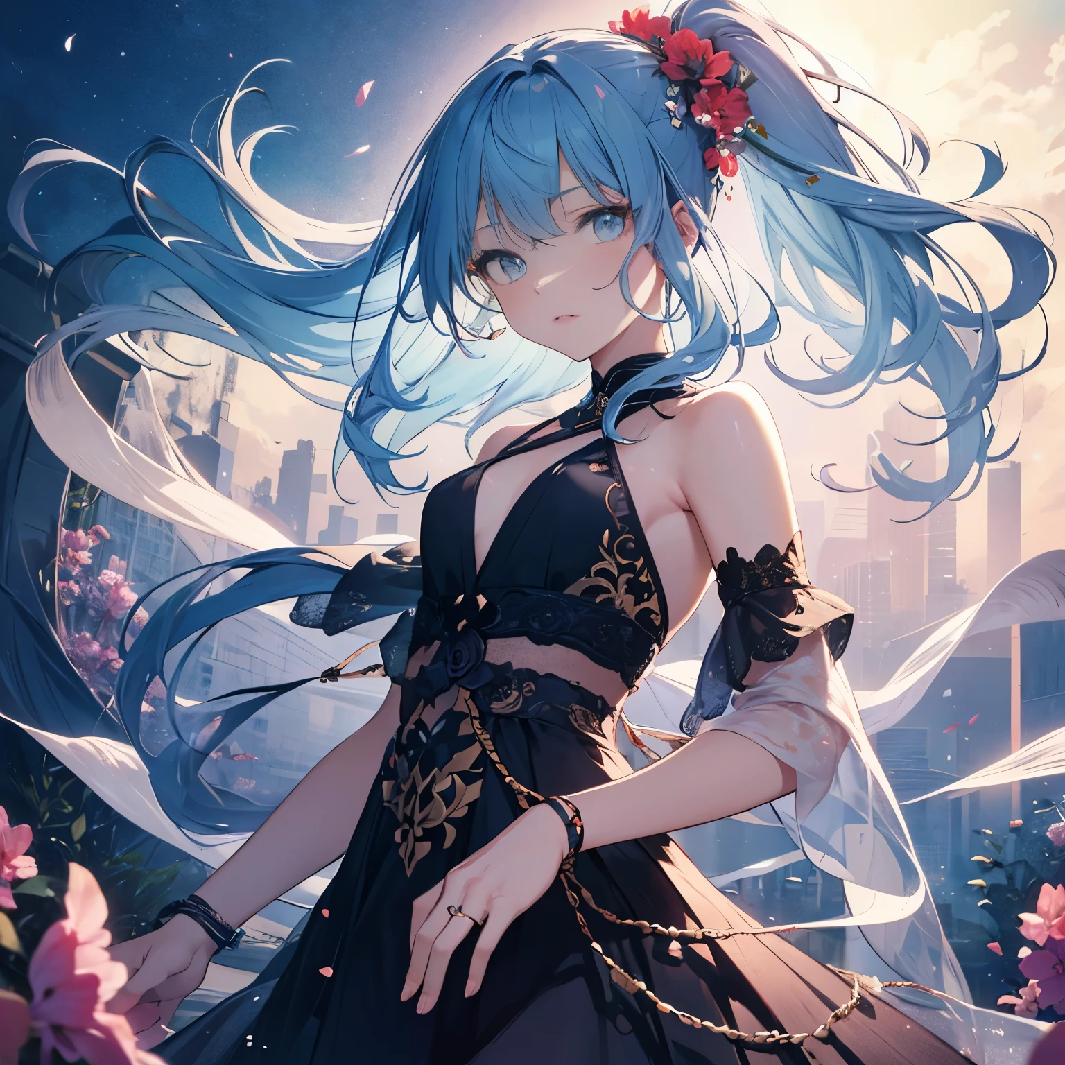 (masterpiece), (highest quality), (Super detailed),(Disheveled Hair),(figure), (One girl), (Fashionable clothes), Are standing, Fashion Model, View your viewers, (interview), (Simple Background),Beautiful fine details, Delicate and beautiful face, floating,(High saturation),(Colorful splashes),Colorful bubbles,(The Shining), Focus on the face, ponytail, kamisato ayaka, Light blue hair, bangs, Hair Ring, Floating Flowers, Floating hair, (The Shining), Best lighting, Best Shadow,