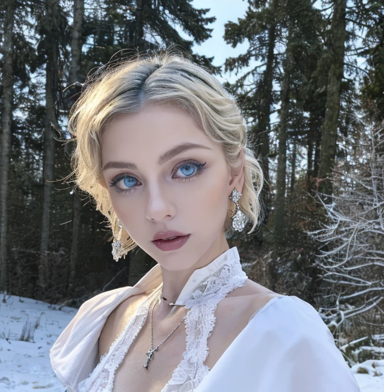 1 miniature Beautiful beautiful woman - Yuan Sayuki, ((top quality, 8K, Masterpiece:1.retty woman, 1 woman, huge breasts:1.3, a slim body:1.1, lush white short hair, (shower, wet body, wet clothes:1.1), very detailed face, detailed lips, detailed eyes, double eyelids, Detailed blue eyes, чрезвычайно Detailed Outstanding Blue Eyes, short white wet hair, white wet hair, Detailed Outstanding Blue Eyes, innocent look at the viewer, very wet wavy white hair, Detailed Outstanding Blue Eyes, huge cross earrings, Outdoors, badges behind, gothic maid uniform, sexy maid dress, bare chest, huge chest tattoo, detailed huge catholic cross earrings, chest tattoo, Outside - there are trees and a buddhist temple in the background (mountain vicinity), wear a silver cross (Detailed cross shape), reality mode, wet breasts, black necklace, human crowd behind, head/forehead chain veil, black latex gloves, hair of white snowy colour, night time, red neon lights, demonic nun, nimbus (golden lighting ring above her head), angel, snowy weather, Detailed buddhist temple behind, sexy pose, white lingerie, black maid dress