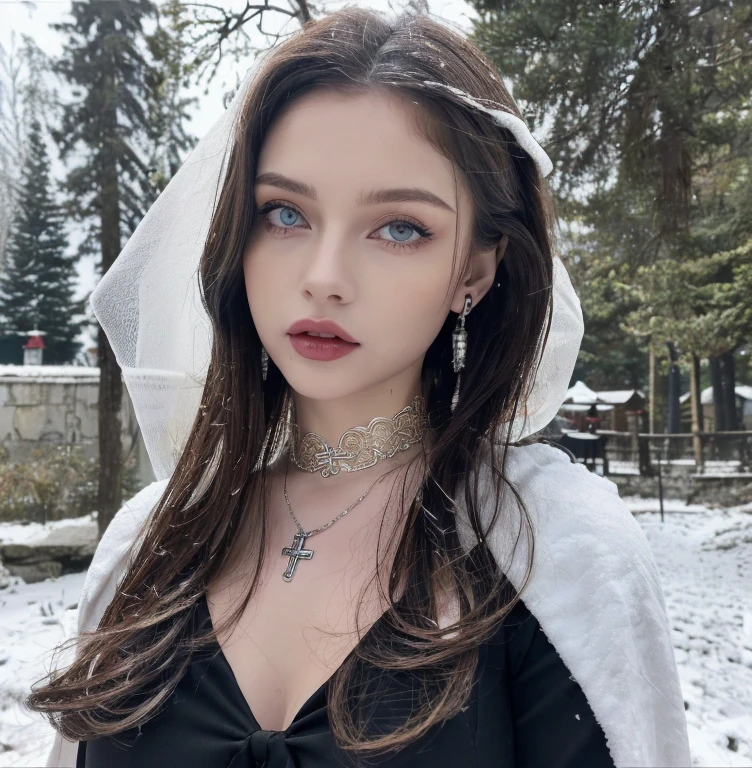 1 miniature Beautiful beautiful woman - Yuan Sayuki, ((top quality, 8K, Masterpiece:1.retty woman, 1 woman, huge breasts:1.3, a slim body:1.1, lush white short hair, (shower, wet body, wet clothes:1.1), very detailed face, detailed lips, detailed eyes, double eyelids, Detailed blue eyes, чрезвычайно Detailed Outstanding Blue Eyes, short white wet hair, white wet hair, Detailed Outstanding Blue Eyes, innocent look at the viewer, very wet wavy white hair, Detailed Outstanding Blue Eyes, huge cross earrings, Outdoors, badges behind, gothic maid uniform, sexy maid dress, bare chest, huge chest tattoo, detailed huge catholic cross earrings, chest tattoo, Outside - there are trees and a buddhist temple in the background (mountain vicinity), wear a silver cross (Detailed cross shape), reality mode, wet breasts, black necklace, human crowd behind, head/forehead chain veil, black latex gloves, hair of white snowy colour, night time, red neon lights, demonic nun, nimbus (golden lighting ring above her head), angel, snowy weather, Detailed buddhist temple behind, sexy pose, white lingerie, black maid dress