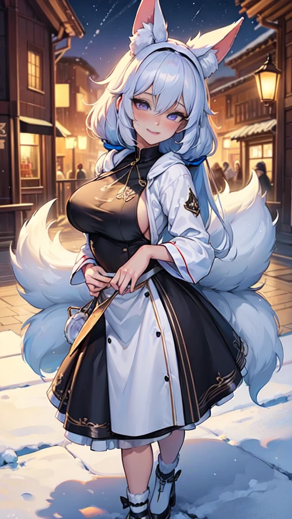 top quality, best quality, High-quality illustrations, masterpiece, 16k, 1080p, uploaded on e621)(kemono, furry, anthro, alone), round, 1 female, hot mother figure, very detailed body face and eyes, white fox, Tiare, (Alchemy Stars), white fur, fluffy, big breasts, tail, perfect eyes, yellow eyes, black hair, beautiful winter clothes, beautiful night, body movement, body twitching, shy smile, red blushing, looking at viewer 
