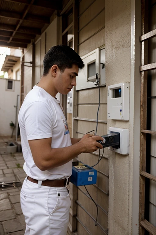 joven arreglando telecomunicaciones