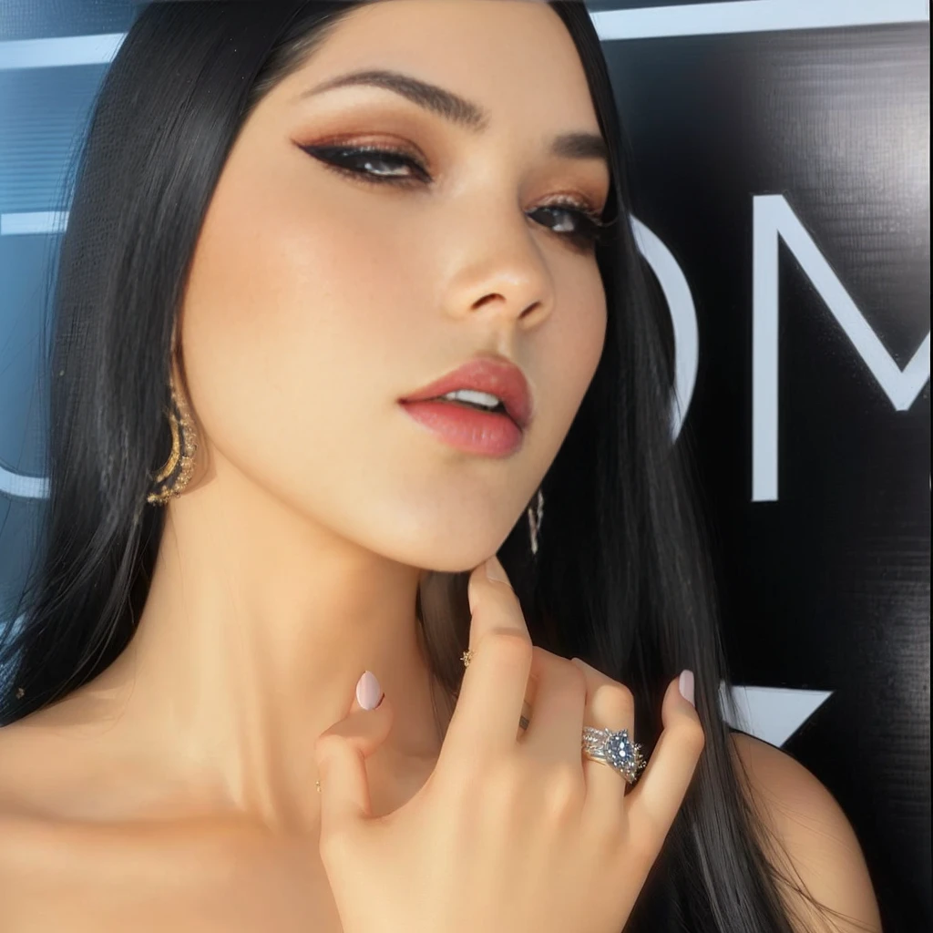 Close-up of a woman，She has long black hair，A ring is worn on his finger, Sexy appearance, Have professional makeup, Stunning beauty, Olga Buzova, jaw-dropping beauty, by Elena Guru, Communication Siona Shimshi, Sexy face with full makeup, Julia Lamova&#39;s style, Ava Max, Chaumet Paris style