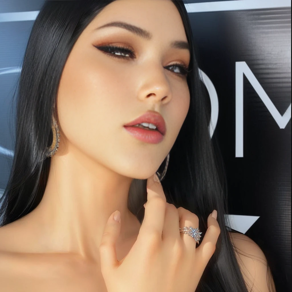 Close-up of a woman，She has long black hair，A ring is worn on his finger, Sexy appearance, Have professional makeup, Stunning beauty, Olga Buzova, jaw-dropping beauty, by Elena Guru, Communication Siona Shimshi, Sexy face with full makeup, Julia Lamova&#39;s style, Ava Max, Chaumet Paris style