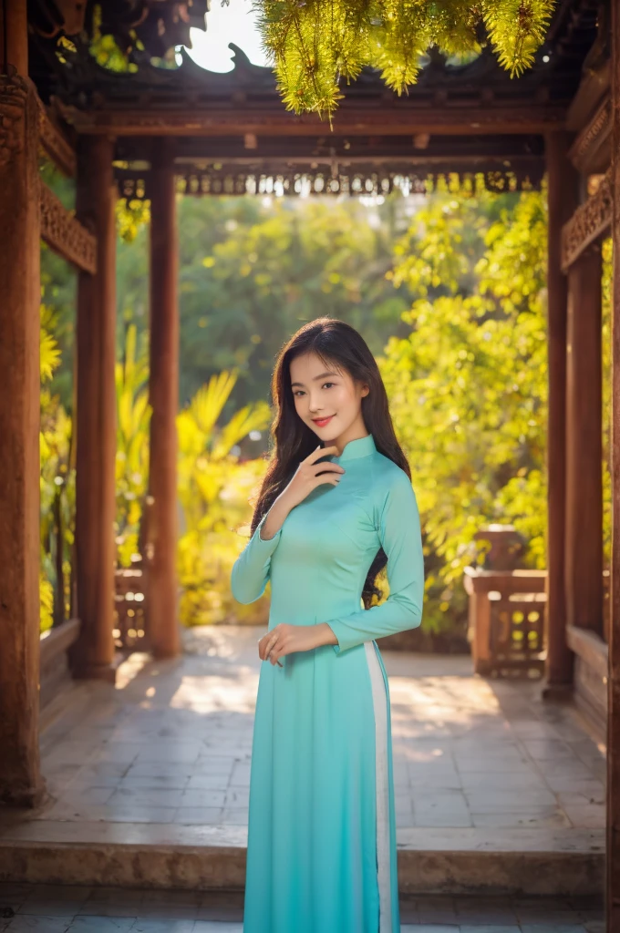 A girl in Vietnam wearing an Ao Dai,illustrated with intricate details,high-res,having a serene atmosphere,saturating the scene with vibrant colors,embracing traditional Vietnamese culture and spiritual practices,with delicate folds and embroideries on the Ao Dai gown,adorned with lotus flowers, creating a harmonious blend of elegance and tranquility, the girl's face radiating inner peace and serenity, her eyes sparkling with wisdom, her lips gently curved into a serene smile, beautifully depicting the grace and charm of Vietnamese women, her slender fingers delicately holding a candle, casting a soft glow amidst the peaceful ambience of the temple, the flickering light illuminating the ornate architectural details of the temple, highlighting the stunning traditional artwork showcased on the walls, ceiling, and pillars, the play of light and shadow adding depth and dimension to the scene, capturing the spiritual essence of the moment, showcasing the rich cultural heritage of Vietnam, a masterpiece that embodies the beauty and tranquility of the country.