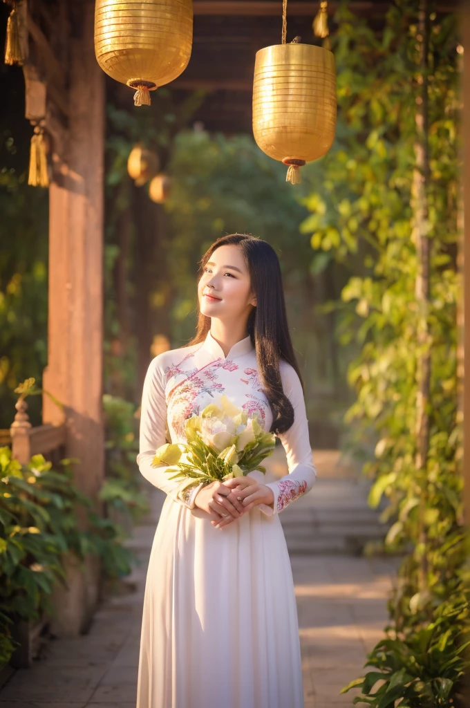 A girl in Vietnam wearing an Ao Dai,illustrated with intricate details,high-res,having a serene atmosphere,saturating the scene with vibrant colors,embracing traditional Vietnamese culture and spiritual practices,with delicate folds and embroideries on the Ao Dai gown,adorned with lotus flowers, creating a harmonious blend of elegance and tranquility, the girl's face radiating inner peace and serenity, her eyes sparkling with wisdom, her lips gently curved into a serene smile, beautifully depicting the grace and charm of Vietnamese women, her slender fingers delicately holding a candle, casting a soft glow amidst the peaceful ambience of the temple, the flickering light illuminating the ornate architectural details of the temple, highlighting the stunning traditional artwork showcased on the walls, ceiling, and pillars, the play of light and shadow adding depth and dimension to the scene, capturing the spiritual essence of the moment, showcasing the rich cultural heritage of Vietnam, a masterpiece that embodies the beauty and tranquility of the country.