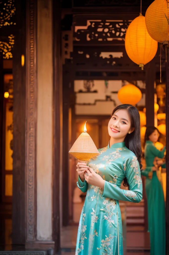 A girl in Vietnam wearing an Ao Dai,illustrated with intricate details,high-res,having a serene atmosphere,saturating the scene with vibrant colors,embracing traditional Vietnamese culture and spiritual practices,with delicate folds and embroideries on the Ao Dai gown,adorned with lotus flowers, creating a harmonious blend of elegance and tranquility, the girl's face radiating inner peace and serenity, her eyes sparkling with wisdom, her lips gently curved into a serene smile, beautifully depicting the grace and charm of Vietnamese women, her slender fingers delicately holding a candle, casting a soft glow amidst the peaceful ambience of the temple, the flickering light illuminating the ornate architectural details of the temple, highlighting the stunning traditional artwork showcased on the walls, ceiling, and pillars, the play of light and shadow adding depth and dimension to the scene, capturing the spiritual essence of the moment, showcasing the rich cultural heritage of Vietnam, a masterpiece that embodies the beauty and tranquility of the country.