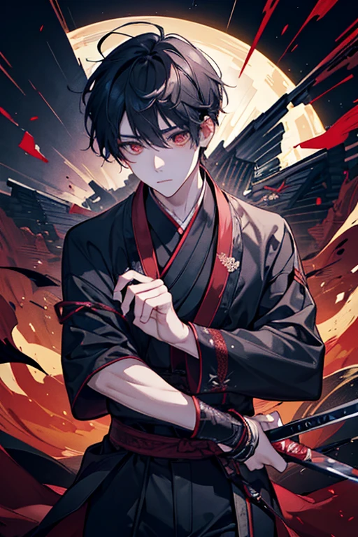 male、Beautiful boy、Beautiful Youth、Supple、Slender、Black yukata、Burned into my mind、Bright red、Monochrome and Red、Dark Shadows、darkness、Black Cloud、sunset、storm、Lightning-fast Swordsmanship、Stillness and movement、Japanese sword、Faded blade、Sword Dance、ranbu、fatal、Big Slash、wield a sword