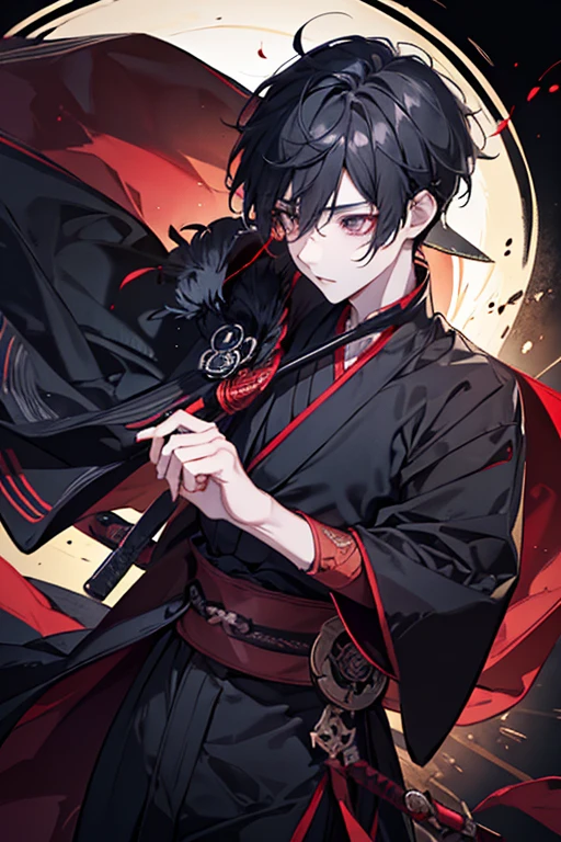 male、Beautiful boy、Beautiful Youth、Supple、Slender、Black yukata、Burned into my mind、Bright red、Monochrome and Red、Dark Shadows、darkness、Black Cloud、sunset、storm、Lightning-fast Swordsmanship、Stillness and movement、Japanese sword、Faded blade、Sword Dance、ranbu、fatal、Big Slash、wield a sword