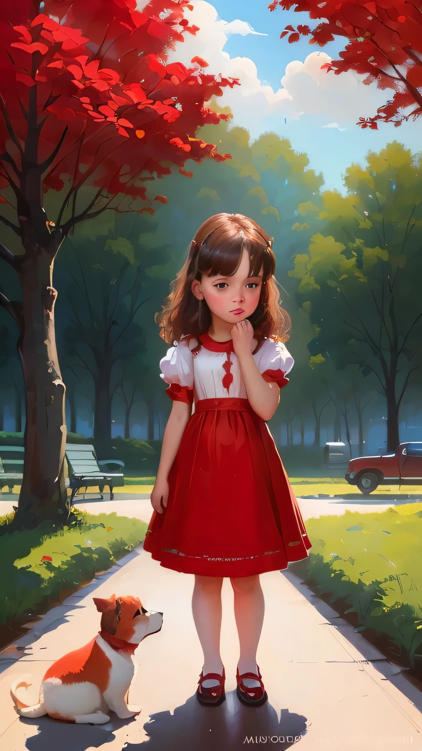 an oil painting of a  girl in a red dress , adorable digital painting, with a sad expression, looks sad and solemn, a realistic cute girl painting, inspired by Art Frahm, sad expression, alex gross, children book illustration, cartoon digital painting, a beautiful artwork illustration, emotional concept art, by Goro Fujita