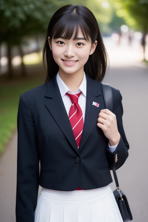 (masterpiece、16k image、high resolution、highest quality)、solo、One Girl、(Japanese Girls&#39; High School Sailor Uniform,perfection)、(Japanese Girls&#39; High School Blazer,perfection)、skirt、(perfectionな解剖学,Beautiful body、Healthy Body、Beautiful Skin)、sunny day、Black-haired、Short-haired、Long-haired、ponytail、black eye、On the way home、、Flat Chest、18-year-old、School zone、Artistic.、Beautiful woman、Beauty Body、smile、((Full body portrait))、