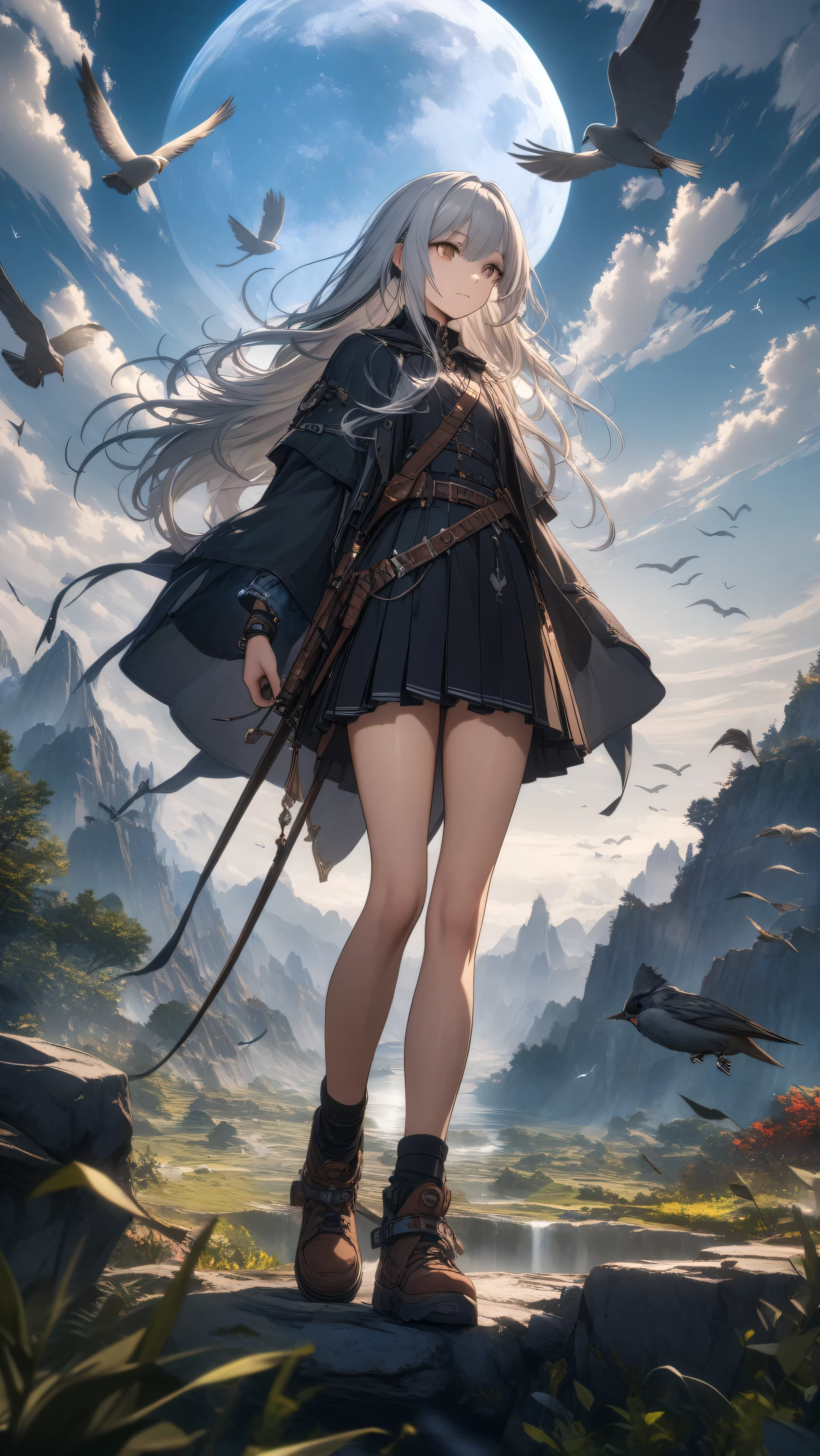 32k, best quality, ultra high res, HDR, UHD, extremely detailed CG, unity 32k wallpaper, highest quality, Very detailed, masterpiece, Super detailed, cloud, witch_Have, Have, 1 Girl, null, green_null,Day, length_hair, cloudy_null, moon,bird, alone, Silver_hair, witch, Outdoor,