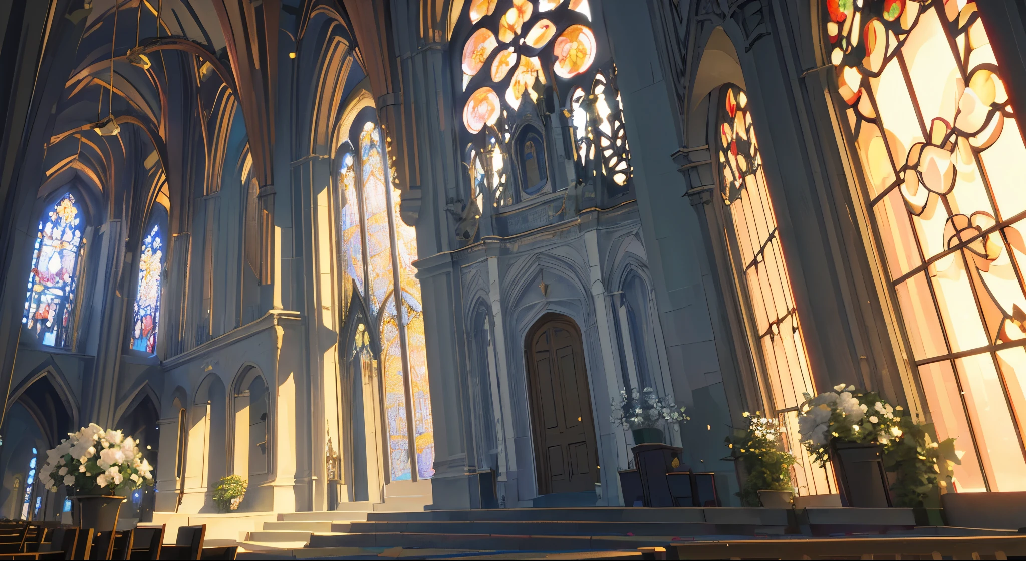 sun punk dreamland: royal botanical reserve | Build a gorgeous Versailles-style botanical church in a solarpunk world. There is a huge window in the church. The huge French windows are decorated with intricate carvings，Occupies a wall. through huge windows, A colorful picture、Intricate solarpunk cityscapes clearly visible. The cityscape is bustling and interesting, There are a lot of small details，Very visually interesting. The church is very quiet, Gorgeous silk fabrics and hardwood floors are adorned with elegant flowers and flowering ivy.. Get inspiration from rooftop gardens, french royal garden, Beautiful rose garden, and whimsical fantasies. Includes beautiful fantasy details and touches, Includes fantasy water, books, 3D Touch, And the spindly ivy tendrils. camera: Utilize innovative lighting techniques to emphasize the realism and beauty of your images. Floating flower petals dancing in the air. Create eye-catching images with dynamic composition.
