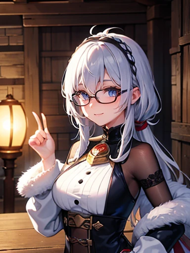 ((Very detailed)), 4K, ((Cinema Lighting)), close, Fantasy World, Cobblestone city, wooden stone house, snow, market, marketの屋台, Adult female, dirty, guard,White-silver hair color,Wear goggles with large round lenses on your head, blue eyes, ((Beautiful Eyes)), Happy expression, Hold a cannon,white fluffy fur,Looking diagonally to the left