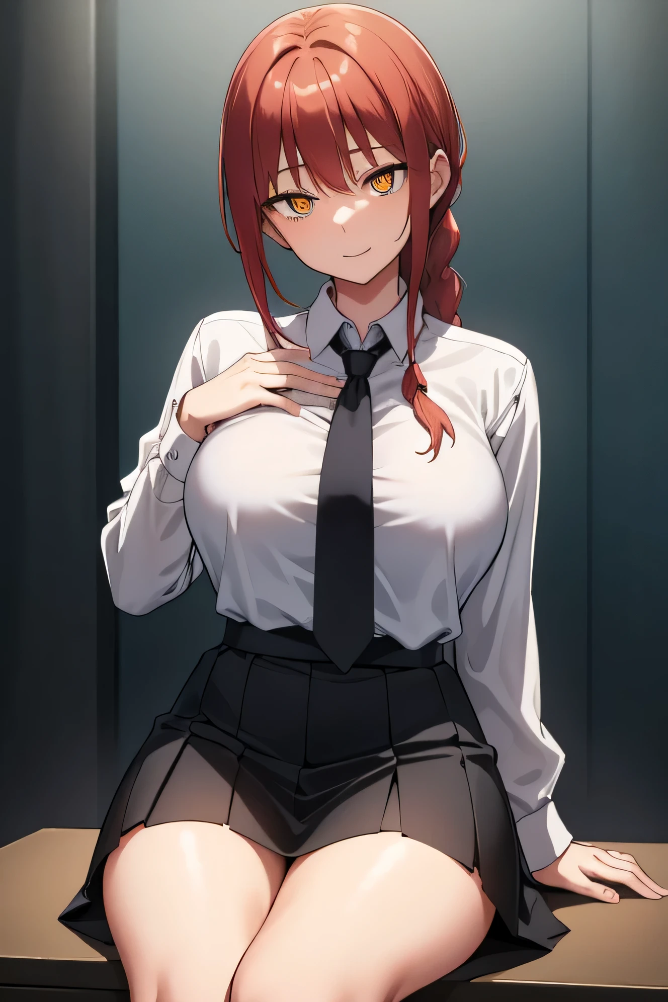 hand、hand、Tall Woman、Long Hair、smile、bangs、High school girls、Big Breasts、A woman with very large breasts、(Yellow Eyes:1.2)、Braid、ponytail、Redhead、Ring-shaped eyes、break  shirt、Long sleeve、Jacket、White shirt、tie、Collared shirt、skirt、Black jacket、black skirt、Pleated skirt、formal、suit、Black tie、Tucked in shirt、class room lady、break indoors、classroom、break looking at viewer、break (masterpiece:1.2)、highest quality、High resolution、unity 8k wallpaper、(figure:0.8)、(Detailed and beautiful eyes:1.6)、Highly detailed face、Perfect lighting、Extremely detailed CG、(perfect hand、Perfect Anatomy)、sitting on a big black cock.