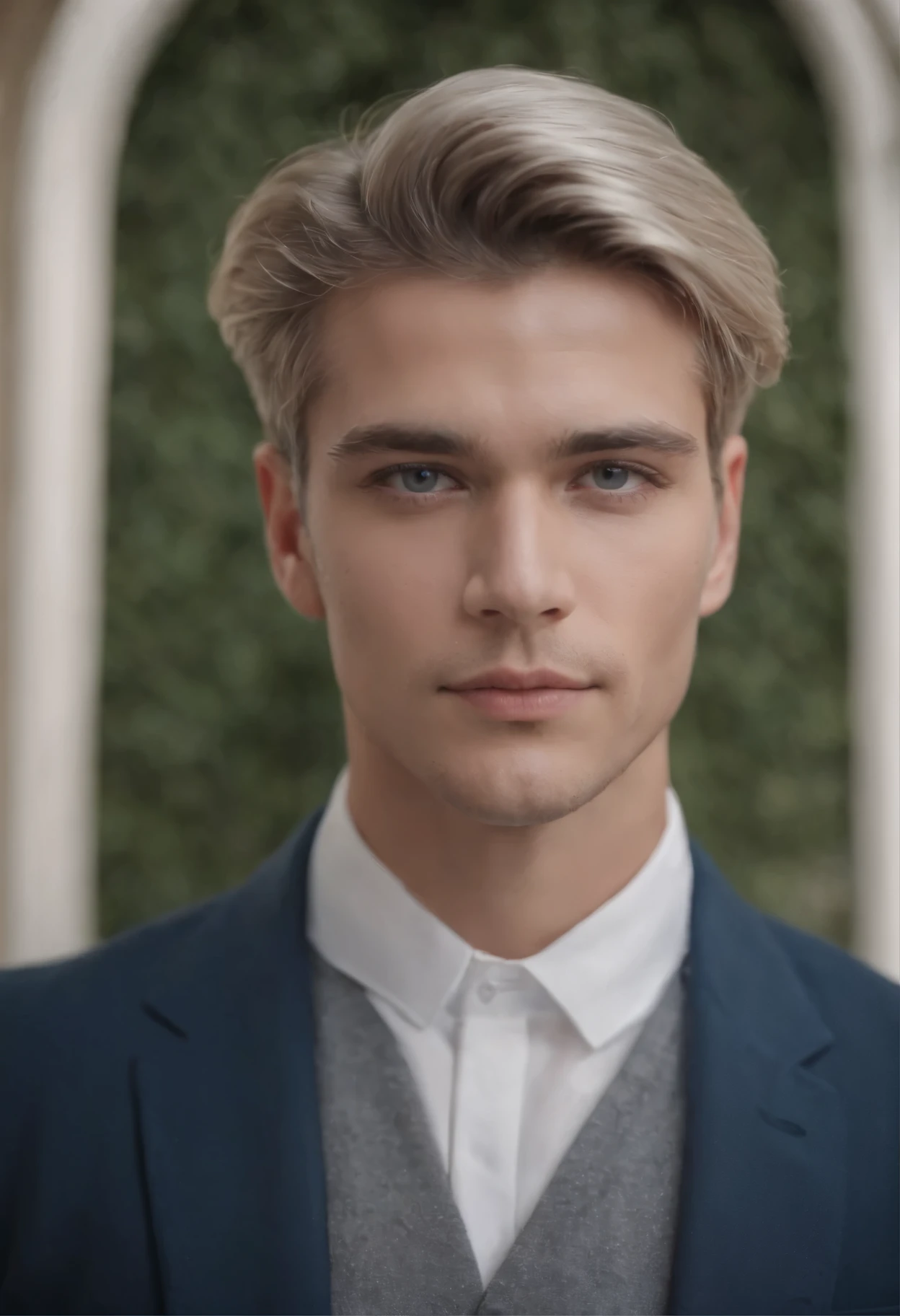 Homem loiro com cabelo platinado platinado, lindo, jovem, Defined traits, symmetrical, olhos azuis, sensual and romantic look