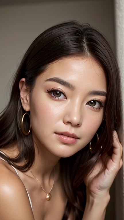 1 25 years old beautiful woman with casual cute hairstyle posing for a portrait, Real raw photo with super detailed details, Beautiful smooth glossy brown hair woman, A very beautiful woman, She is blushing and making a kissy face with love, Her face is turned upwards, Well-cared for beautiful long hair, 16K Ultra Realistic Portrait, Photograph from the front of her, Camera angle of view from above, She is slim figure top model and famous movie actress, She has a very fine and smooth white skin, Breast enhancement, ((((1 Norwegian woman)))), The brown eyebrows are raised and furrowed, She has bittersweet feeling, Super thinly opened eyes are moist and droopy, Form a gentle curve from cheek to chin, She is looking up at the camera from below, Her thick plump and shiny big lips are half-opened, Close-up photo of face, A person in the center left and right:1.0, The whole head is shown, She is wearing simple earrings and a simle necklace, Perfect makeup, Professional lighting like movies in her bedroom