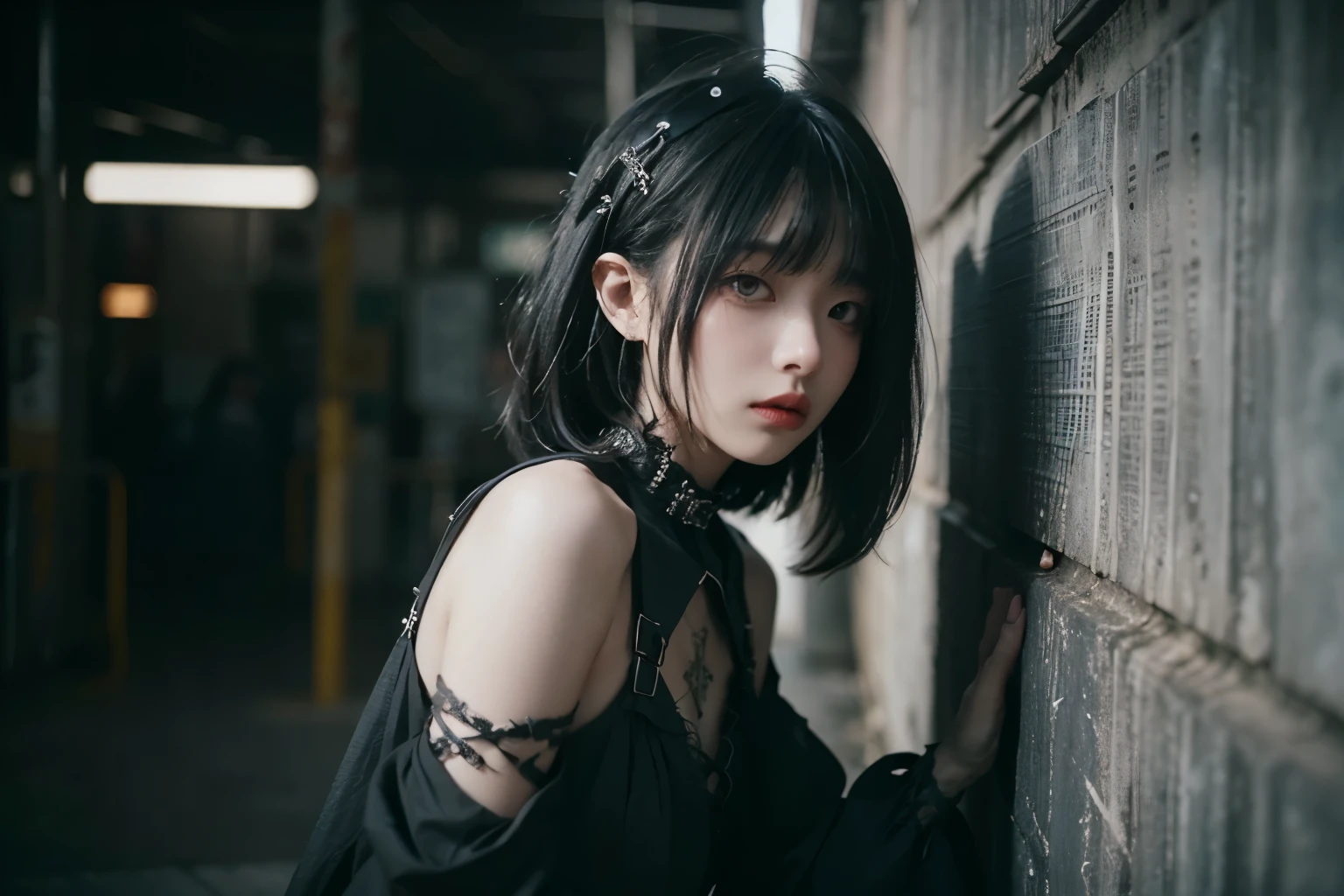 (cowboy shot), Dystopia, minimum, Harmony, Tranquility, Background is concrete wall with fine texture, Cinematic Light, 1 girl, Medium Hair, bangs, Deep Shadow, Gothic Punk, masterpiece, best quality, RAW Photos, sigma 50mm f1.4, Candid, 24-years-old, Gothic Fashion