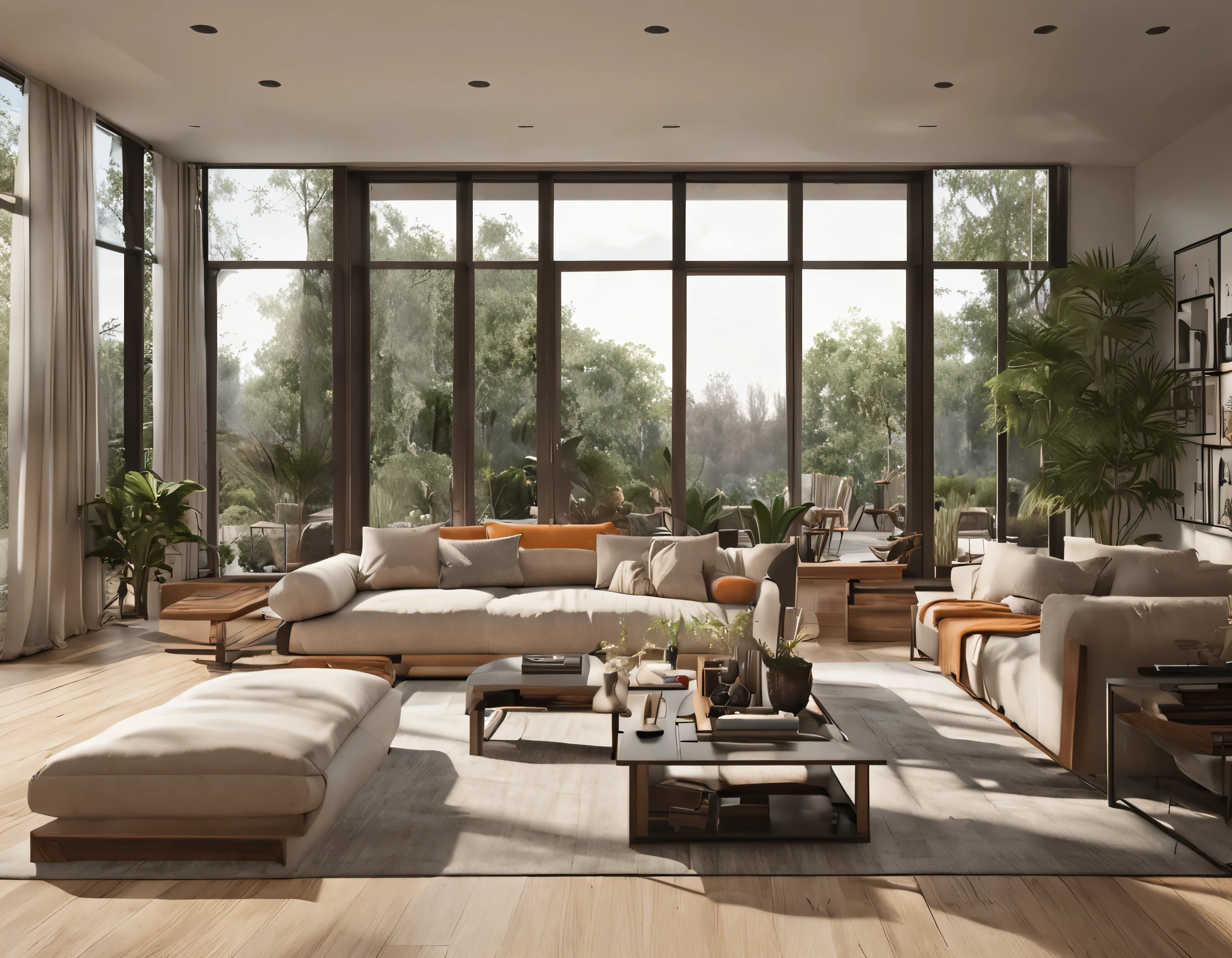 Spacious and comfortable living room,View of the kitchen with island, (((best quality))), (((Super detailed))), (((masterpiece))), Large wooden windows,Natural Lighting, Beige sofa, Wooden table, Vase plants, Modern minimalist design, Hyper-photorealism, masterpiece, Very detailed, Digital Painting, best quality, high resolution, detailed work, Post-Processing, Creative studio, Promotional architectural photos