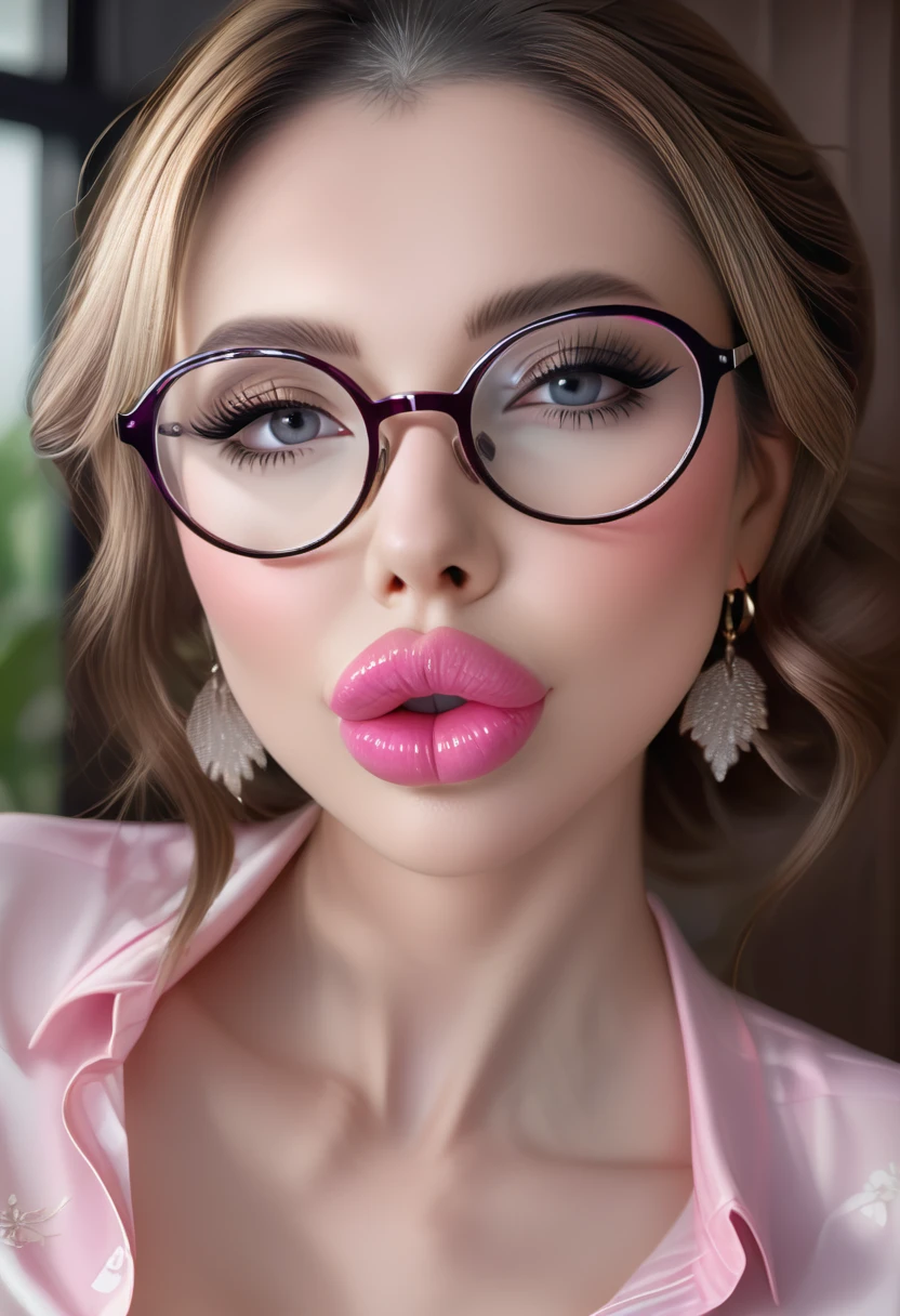 (masterpiece, best quality: 1.2), 1 Secretary，Delicateeyes,Sexy eyes,Glasses，Head close-up，The expression of a kiss，Glossy pink and white sexy lips，Pouting ，earrings，Perfect natural breasts，8k