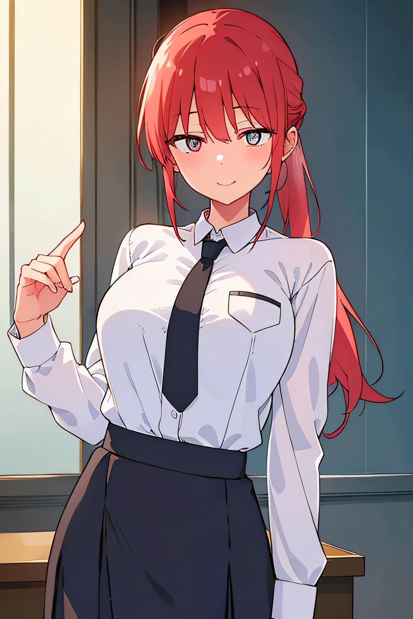 hand、hand、Tall Woman、Long Hair、smile、bangs、High school girls、Big Breasts、A woman with very large breasts、(Red Eyes:1.2)、Braid、ponytail、Redhead、break  shirt、Long sleeve、Jacket、White shirt、tie、Collared shirt、skirt、Black jacket、black skirt、Pleated skirt、formal、suit、Yellow tie、Tucked in shirt、class room lady、break indoors、classroom、break looking at viewer、break (masterpiece:1.2)、highest quality、High resolution、unity 8k wallpaper、(figure:0.8)、(Detailed and beautiful eyes:1.6)、Highly detailed face、Perfect lighting、Extremely detailed CG、(perfect hand、Perfect Anatomy)、sitting on a big black cock.