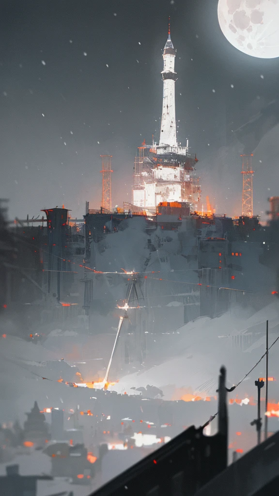 (masterpiece、highest quality)、Warm lighting、 Blurred foreground、Deep in the night、High Contrast,it's snowing,curse,Huge construction,Black night,full moon,universe,planet,Moon and Earth,Ruined World,City in the Sky