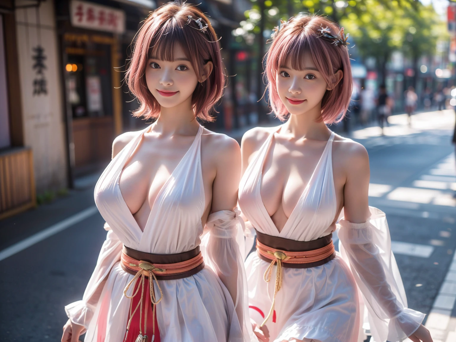 (masterpiece, realistic, photo-realistic:1.2), finely detail, ultra high res, perfect anatomy, best quality, 8K, soft focus, upper body shot, (happy smile:1.3), (2girls, Japanese girls, height 1.5meters:1.2), (elaborated costume, shrine maiden, japanese clothes, detached sleeves hakama short skirt:1.2), (sexy pose emphasized breasts, standing on road, cleavage, focus on breasts:1.2), (light pink hair, short hair, blunt bangs:1.2), beautiful detailed face and big eyes, (white and smooth skin, glowing fair skin:1.3), (pointed huge breasts, gigantic breasts:1.3), (bloom, detailed background, beautiful downtown, superb view in Harajuku:1.2),