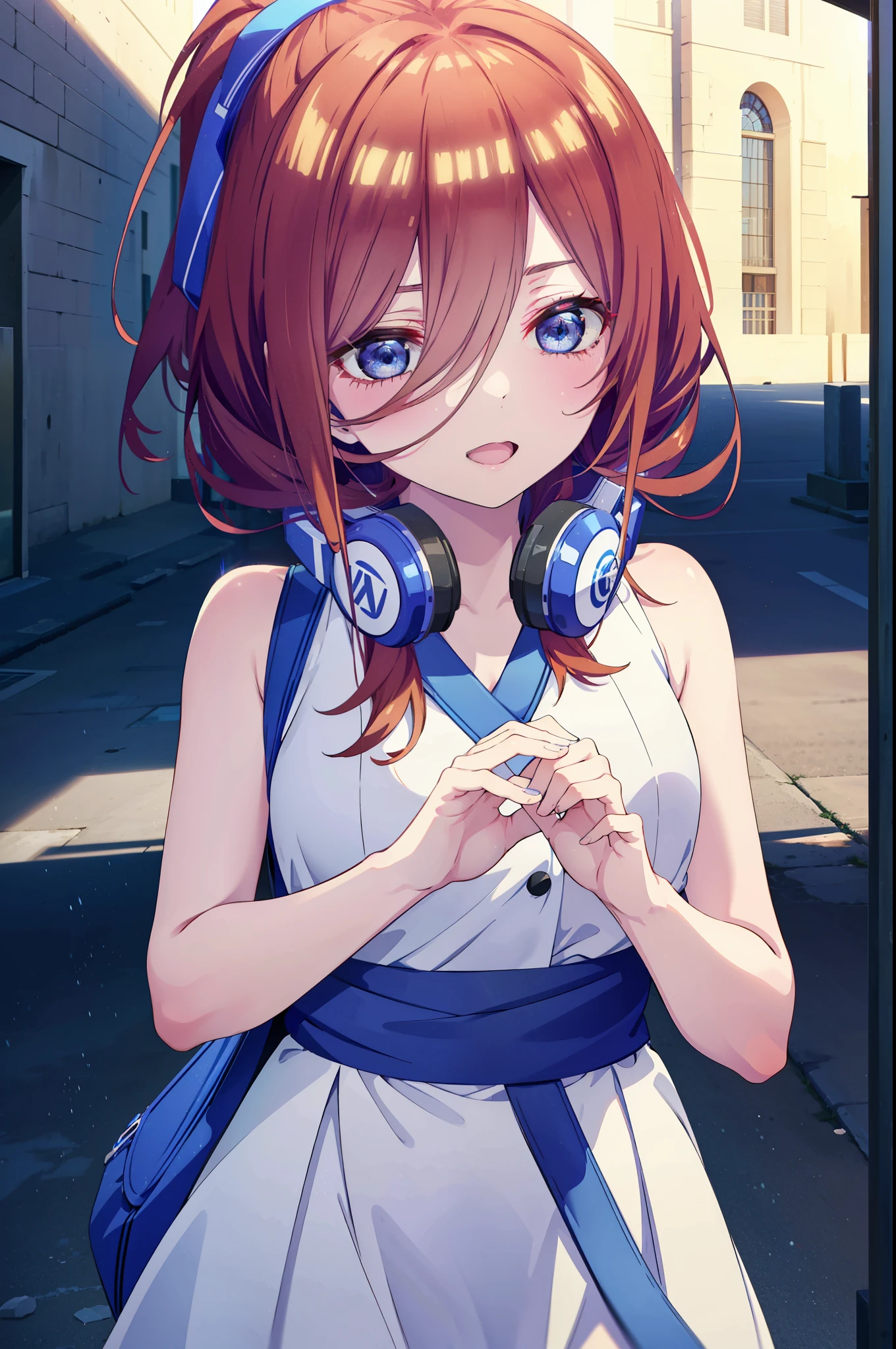Miku Nakano, Miku Nakano, Long Hair, bangs, blue eyes, Brown Hair,ponytail,Blue Hairband ,Hair between the eyes, Headphones around neck,White sleeveless dress,Bare shoulders,Bare arms,Long skirt,Cute Sandals,Daytime,Clear skies,happy smile, smile, Open your mouth,So that the whole body goes into the illustration,Looking up from below,
break outdoors, In town,Building district,
break looking at viewer, (Cowboy Shot:1. 5)
break (masterpiece:1.2), highest quality, High resolution, unity 8k wallpaper, (figure:0.8), (Beautiful fine details:1.6), Highly detailed face, Perfect lighting, Highly detailed CG, (Perfect hands, Perfect Anatomy),