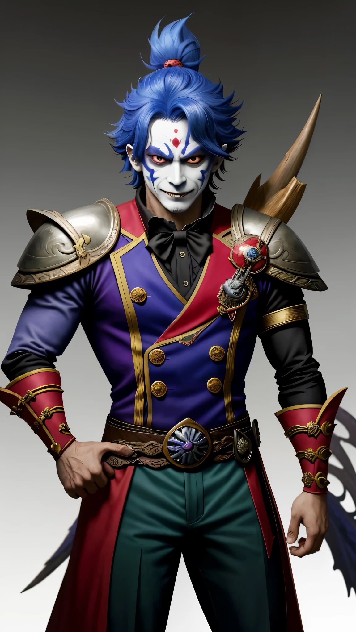 un primer plano de una persona disfrazada con cara de payaso, shaco de la liga de leyendas, del buscador de caminos, male jester, desde mazmorras & dragones, Court buffoon, de la liga de leyendas, zhongli del impacto genshin, extremely detailed artistic germ, chico guapo en el arte de Demon Slayer, desde mazmorras and dragones, keqing del impacto genshin