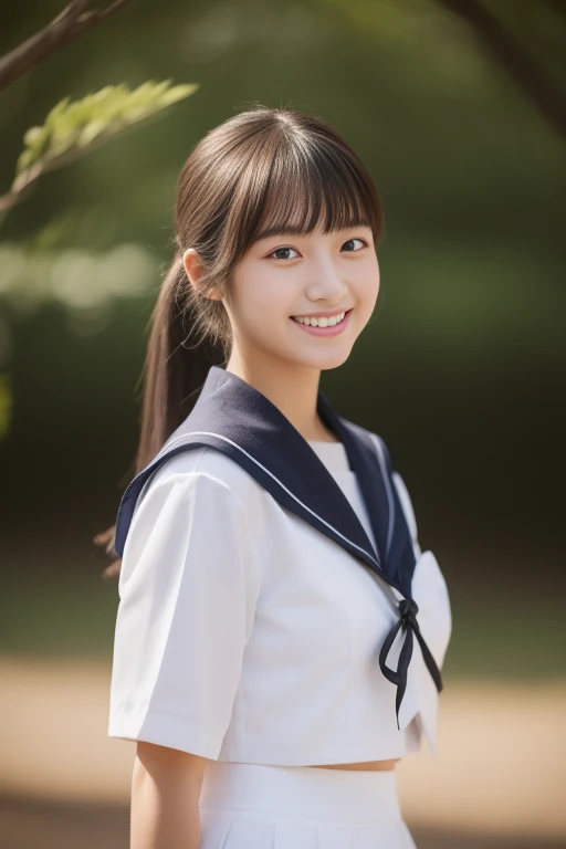 (masterpiece、16k image、high resolution、highest quality)、solo、One Girl、(Japanese Girls' High School Sailor Uniform,perfection)、(Japanese Girls' High School Blazer,perfection)、skirt、(perfectionな解剖学,Beautiful body、Healthy Body、Beautiful Skin)、sunny day、Black-haired、Short-haired、Long-haired、ponytail、black eye、On the way home、、Flat Chest、18-year-old、School zone、Artistic.、Beautiful woman、Beauty Body、smile、((Full body portrait))、