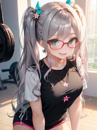 小さなgirl、The arrival of spring、Thick thighs、 (alone:1.5,)Very detailed,Bright colors, Very beautiful detailed anime faces and eyes, Look straight ahead, ;d, Shiny_skin,girl, ((Silver long hair,The inner color is red 、Forehead is exposed.、Green Eyes、Glasses、Shiny hair, Delicate beautiful face, blush、(Turquoise Eyes), White skin, Valletta, Earrings,、blue flower field、(((Star pattern pink、Under her blouse she is wearing black gym clothes.)))、Twin tails、smile、smile、Face dyed red