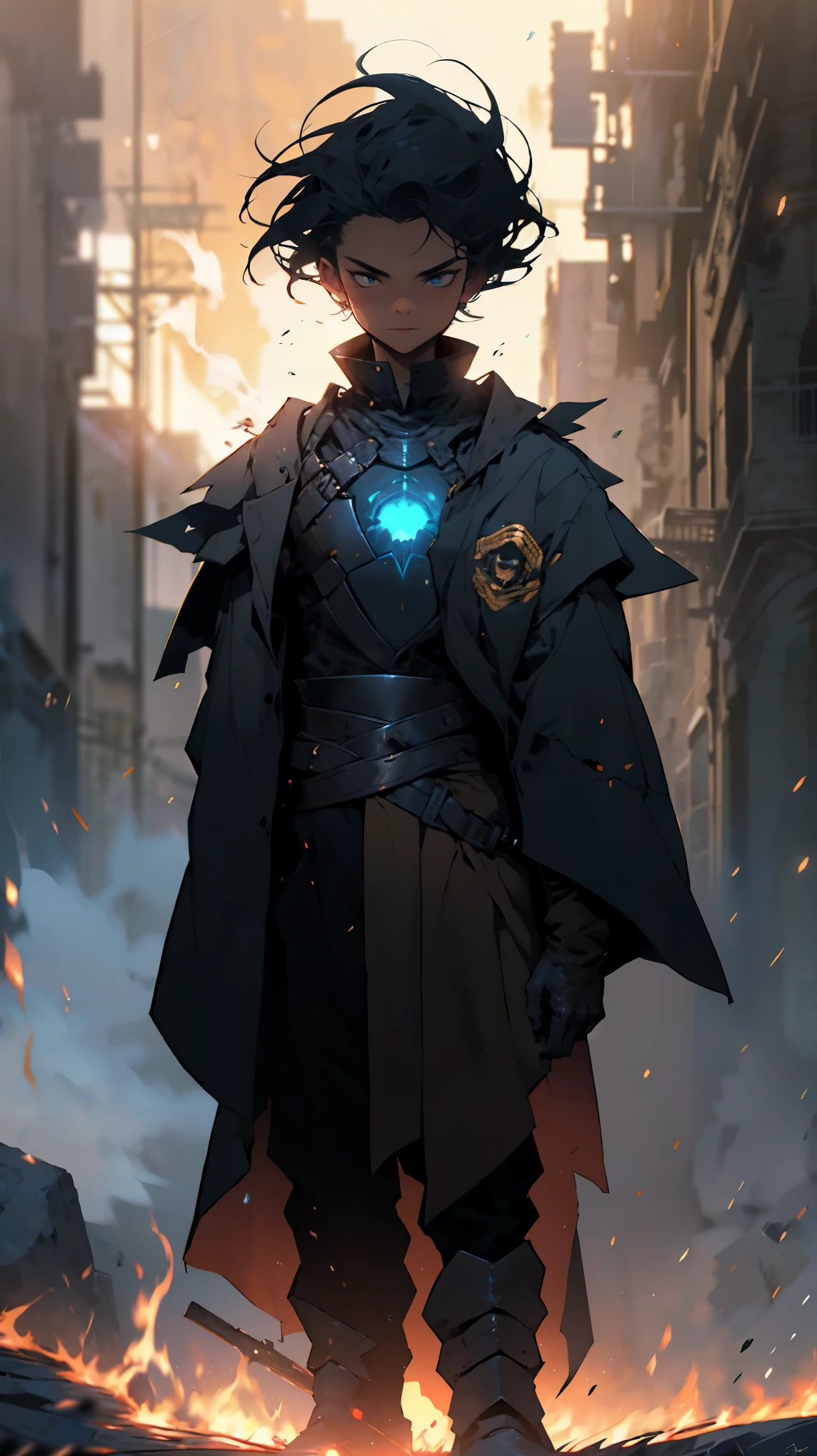 ((best quality)), ((masterpiece: 1.2)), (extremely detailed: 1.1), (8k, high quality, cinematic, hyper-realistic, illustration), (autodesk maya, octane render, unreal engine, game character , tracing ray, hdr), (16mm focal length, f/4 aperture, dynamic perspective, deep depth of field), (1 boy, dynamic angle, casting pose.fire knight, short hair that shines like plasma, steel weave clothing, lava gloves, heavy boots, underlying burning chest, desert tundra, crumbling stone sculptures around you), 3d, realistic, CG, 3D model, beautiful, elegant, safe (hdri, bloom, edge lighting , soft lighting, discreet).  , zhongfenghua, badass\(armor\) mage robe, alo of blue flames, mage_glam, caftan