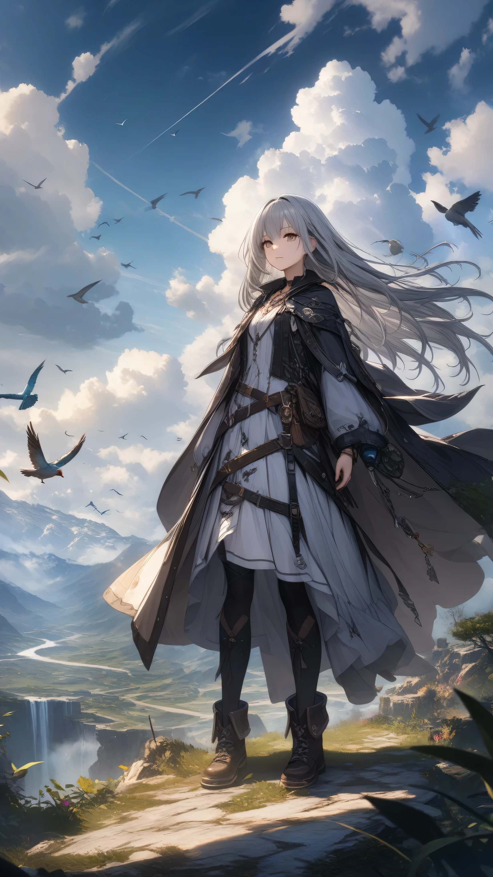 32k, best quality, ultra high res, HDR, UHD, extremely detailed CG, unity 32k wallpaper, highest quality, Very detailed, masterpiece, Super detailed, cloud, witch_Have, Have, 1 Girl, null, green_null,Day, length_hair, cloudy_null, moon,bird, alone, Silver_hair, witch, Outdoor,