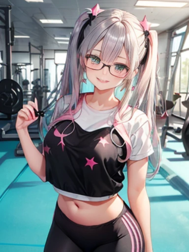 小さなgirl、The arrival of spring、Thick thighs、 (alone:1.5,)Very detailed,Bright colors, Very beautiful detailed anime faces and eyes, Look straight ahead, ;d, Shiny_skin,girl, ((Silver long hair,The inner color is red 、Forehead is exposed.、Green Eyes、Glasses、Shiny hair, Delicate beautiful face, blush、(Turquoise Eyes), White skin, Valletta, Earrings,、blue flower field、(((Star pattern pink、Under her blouse she is wearing black gym clothes.)))、Twin tails、smile、smile、Face dyed red