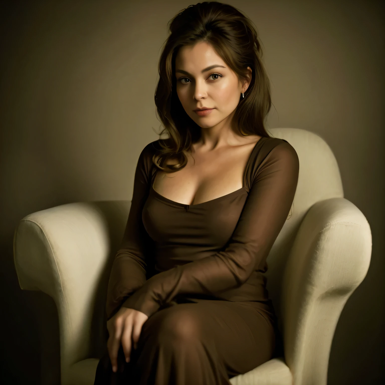 45 ans,(Une MILF:1.2), un regard captivant, yeux verts, (beaucoup de rides sur son visage:1.4), A very wide and very thick, manteau de fourrure en vison blanc, fifty centimeters d&#39;thickness, duveteux, naturel, with an ultra thick white mink fur collar, Trois couches, sur Ornella Muti jeune, 45 ans,, la plus haute qualité, Realistic, super detailed, finement, High resolution, Fond d&#39;8k screen, 1 belle femme,, messy light brown hair, wears a wrap dress with a wide neckline, sharpness, Composition dynamique parfaite, detailed and beautiful eyes, Cheveux fins, Detailed and Realistic skin texture, SOURIRE, portrait en gros plan, model body shape, description complète du corps, fauteuil en osier 