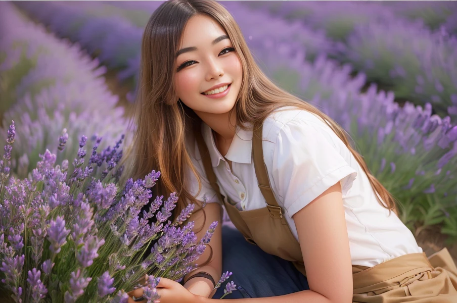 a woman kneeling in a field of Lavender smiling at the camera, woman among flowers, Attractive girl, woman standing in flower field, Lavender plants, beautiful and smiling, 坐在Girl in the flower field, Girl in the flowers, Lavender, Charming smile, Attractive woman, Photo shoot for skin care brand, 站在Girl in the flower field, Beautiful woman, Girl in the flower field