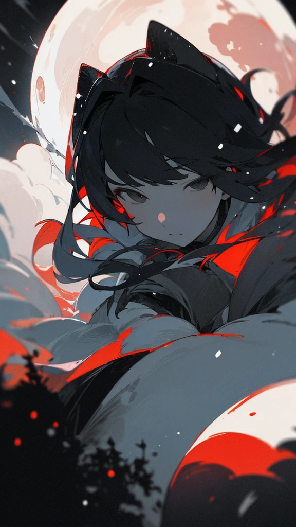 (masterpiece、highest quality)、Warm lighting、 Blurred foreground、Deep in the night、High Contrast,it's snowing,Black night,full moon,universe,planet,Moon and Earth,Ruined World