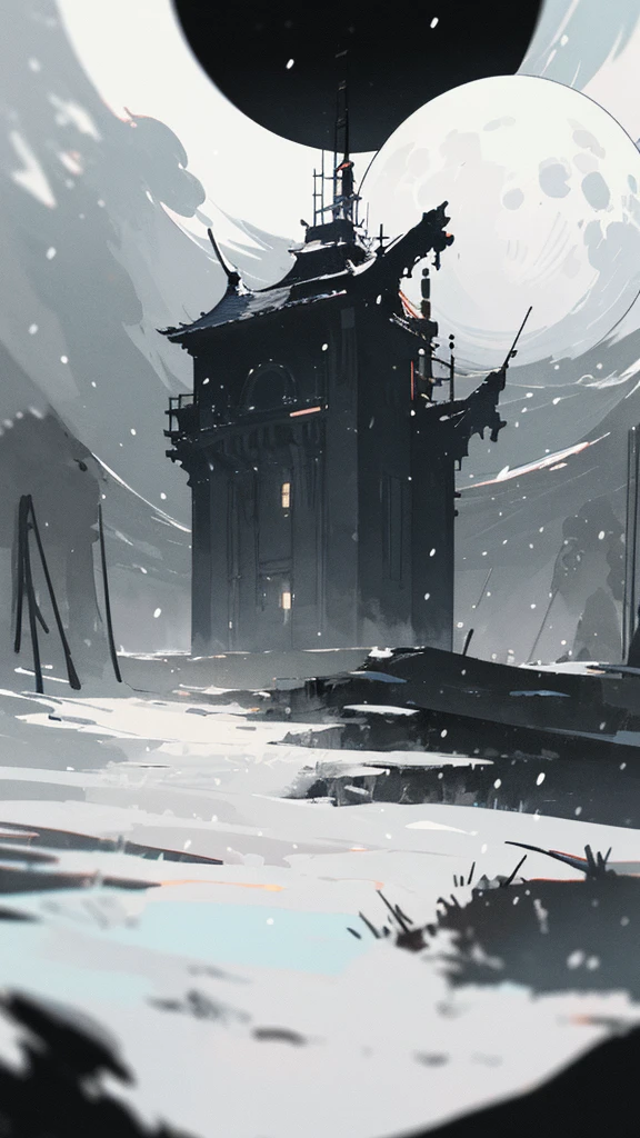 (masterpiece、highest quality)、Warm lighting、 Blurred foreground、Deep in the night、High Contrast,it's snowing,Black night,full moon,universe,planet,Moon and Earth,Ruined World