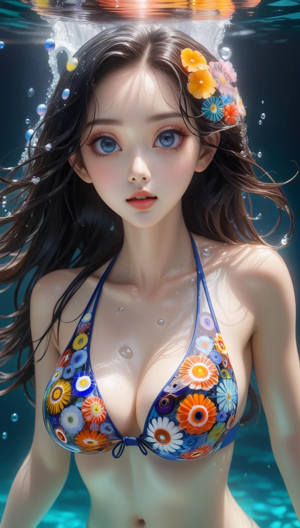 Millefiori glass style,潜water:1.5.rich and colorful,bubble,女孩潜water,海底flower海,ocean,Deep diving,许多coral,coral,Fish School,water草,flower,斑斓的coral,Frontal face,water,cold,Cool,Exquisite facial features,big eyes,Lovely,Beautiful makeup,wet hair,脸上water珠,swimsuit,whole body,A grand spectacle,Extreme light and shadow effects,