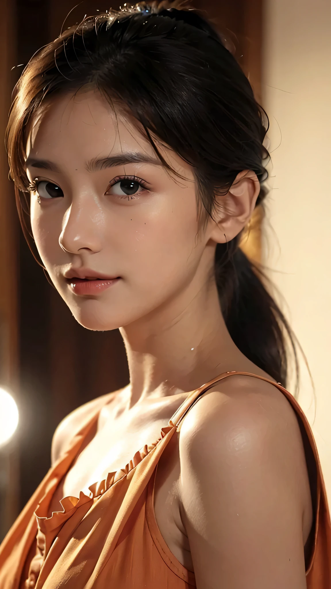 Spotlight on stage,close-up of face,One woman,fully body photo,masutepiece, The highest image quality, High quality, the background is clear,Beautiful woman, Japanese, Detailed, Detailed eyes, Detailed skin, Beautiful skin, 超hight resolution, (reality: 1.4),Very beautiful woman, Slightly younger face, Beautiful skin, slender, (Ultra photo realsisim), (hight resolution), (8K), (Very detailed) (beautifully detailed eyes), (super detailed), (Detailed face), view the viewer, Fine details, Detailed face, Staring straight ahead, Staring straight ahead, photos realistic, Bright lighting, Professional Lighting, Black hair,poneyTail,a baby face,sixteen years old,Hairstyle: ponytail,Long ponytail hairstyle,slight smile,Orange colored long dress with lots of ruffles, softly shaped skirt,