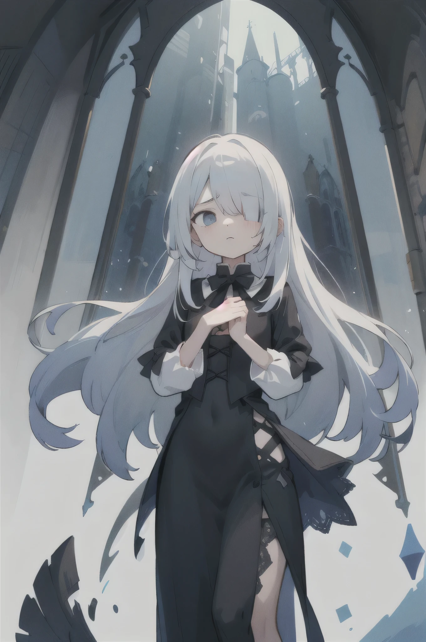 (best quality,4k,8k,highres,masterpiece:1.2)Imagine a digital illustration of an anime-style character. This character has ethereal silver hair, partially obscuring one eye, which is a piercing ice-blue. They wear a Victorian-inspired black dress with delicate lace trimmings and a prominent black bow on their chest. The character exudes a mysterious aura, standing in a subtle, enigmatic pose. Their expression is somber, with a touch of melancholy. The background suggests a fantasy setting, with a hint of gothic architecture and a faint glimmer of light suggesting a distant magic source. The atmosphere is a blend of darkness and elegance, evoking a story untold.